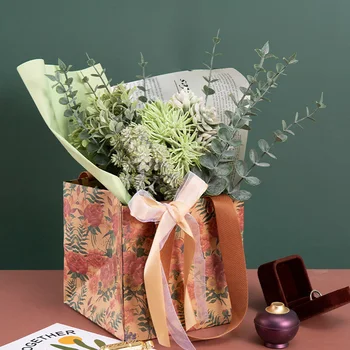 1 шт. Винтажный подарочный пакет с бантом Лента Букеты Упаковочная сумка Favor Сумка Цветочный принт Крафт-бумажный пакет