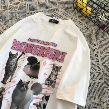 100% чистый хлопок американский ретро нишевый модный бренд свободный кот мультфильм универсальная футболка с короткими рукавами для мужчин и женщин