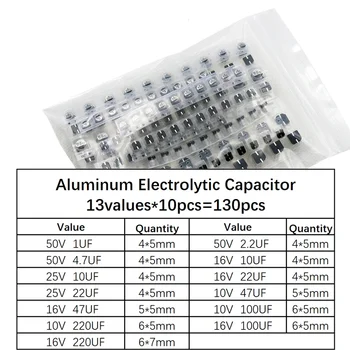 130 шт./лот 1мкF-220мкФ SMD алюминиевый электролитический конденсатор Набор в ассортименте, 13 значений * 10 шт. = 130 шт. Набор образцов
