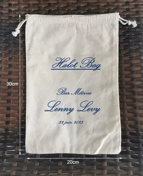 150 шт. Индивидуальный логотип 20x30 см Сумки из натурального хлопка Подарочные сумки на шнурке с синим логотипом