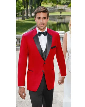 2022 Мода с зубчатым лацканом Красный мужской пиджак Черные брюки Свадебное платье Званый ужин Носить деловые костюмы (пиджак + брюки + жилет + галстук)