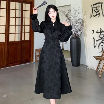 2023 новое платье в китайском стиле женское ретро улучшенное длинное платье в стиле ципао женское ежедневное цветочное черное элегантное платье qipao lady
