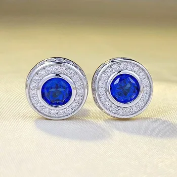 2023 Новые серебряные серьги S925 с синим цирконом для женщин Роскошный набор с полным бриллиантом Мода Универсальный женский стиль