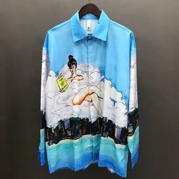 2023 Праздничное повседневное платье Мужская одежда Гавайские рубашки Осень Портрет Принт Шаблон Рубашка с длинным рукавом Slim Mode Chemise Homme