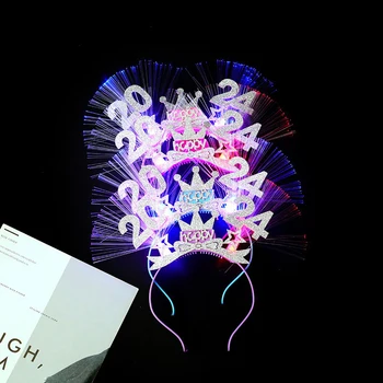 2024 С Новым годом Цифровая корона Светящаяся повязка на голову Светодиодный обруч для волос Реквизит для новогодней вечеринки Мигающие волоконно-оптические полосы для волос