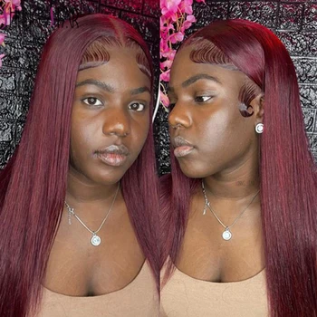 34 дюйма бордовые прямые кружевные передние парики 99J красного цвета 13x6 прозрачные HD кружевные фронтальные парики из человеческих волос для женщин предварительно выщипанные