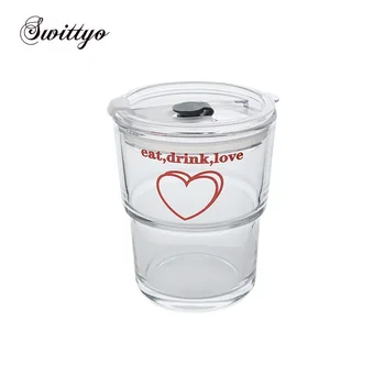 400 мл Бутылка для воды с соломинкой Симпатичная любовь Leart Letter Glass Чашка с крышкой Термостойкий стакан Кружка Kawaii Drinkwares