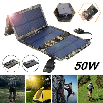 50 Вт Портативная солнечная панель Складная солнечная батарея Складной водонепроницаемый 5 В USB-порт Зарядное устройство Мобильный внешний аккумулятор для телефона Аккумулятор на открытом воздухе