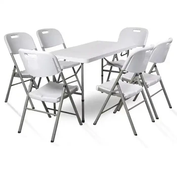 6 стульев 1 стол) Сплошной белый пластиковый стол длиной 120 см Складной стол в открытом саду для мероприятия 236