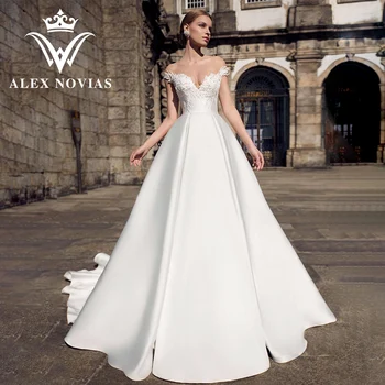 ALEX NOVIAS Атласное свадебное платье с коротким рукавом 2023 Изысканное свадебное платье с вышивкой бисером Vestidos Novias De Saten