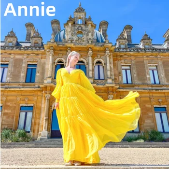 Annie V-образный вырез Пышный с длинными рукавами Выпускное платьеVestidos De Noche Элегантный желтый А-силуэт ВечернийПлатье Дамы Официальные СлучаиВечернее Платье