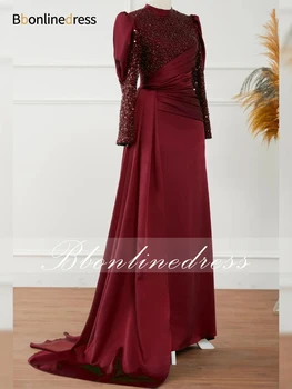 bbonlinedress Мусульманские выпускные платья с пайетками для женщин 2023 Вечернее платье с высоким вырезом Вечернее платье с длинными рукавами и шлейфом