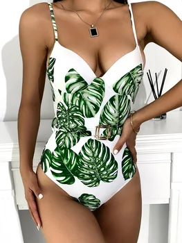 Bodycon Сексуальная обтягивающая одежда Женская подтяжка Дизайн ремня Модный цельный костюм, 2023 Новый купальник с принтом Beach Resort