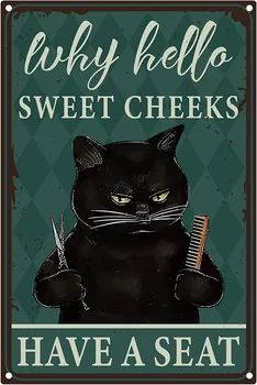Cat Barber Металлический жестяной знак Sweet Cheeks Have A Seat Винтажный жестяной знак Забавный висячий плакат Знак Декор для парикмахерской