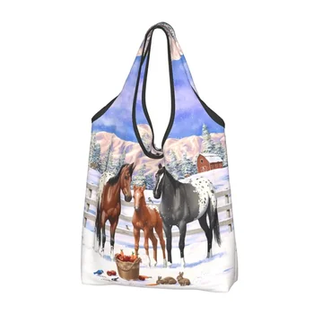 Custom Appaloosa Horses Зимой Сумки для покупок Женщины Портативные Большой Емкости Бакалея Фермерский Дом Животные Тотализатор Сумки Для Покупок
