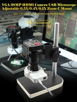 HDMI 38-мегапиксельная цифровая видеокамера VGA + 130-кратный зум-объектив с креплением C + 56 светодиодных кольцевых ламп для микроскопа, набор для ремонта печатной платы телефона
