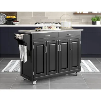 Home Styles Mobile Create-a-Cart Четырехдверный кухонный шкаф с черной отделкой и столешницей из нержавеющей стали, регулируемые стеллажи