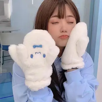 Kawaii Sanrio Перчатки Прекрасный Cinnamoroll Теплый плюшевый Все включено Палец Висячая шея Морозостойкий Зимний подарок для девочек