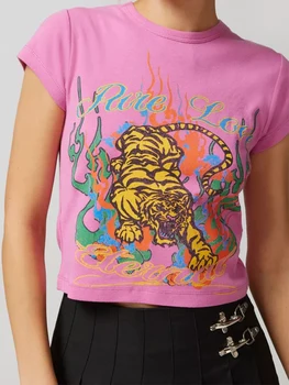 Kawaii детские футболки для женщин Симпатичная футболка с коротким рукавом Симпатичный тигр Графический футболка с коротким рукавом Y2K Летний укороченный топ для девочек-подростков Эстетика