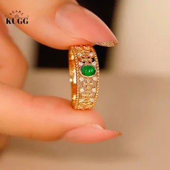 KUGG 18-каратное желтое золото кольца романтический французский винтажный стиль натуральный изумруд настоящий бриллиант драгоценный камень широкое кольцо для женщин вечеринка ювелирные изделия
