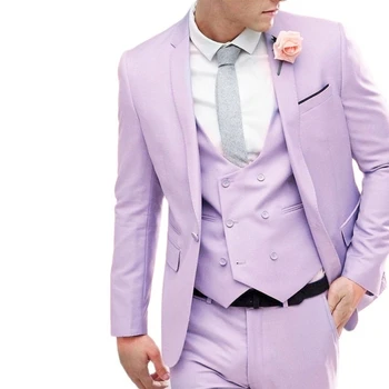 Lansboter Фиолетовый мужской костюм 3 шт. Бизнес Досуг Плоский воротник Однорядный Две пуговицы Жених Свадебный смокинг Куртка Жилет Брюки
