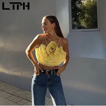 LTPH Уличная одежда летние топы женские желтые майки укороченный топ большие цветы камзол супер короткий топ без рукавов с шеей на шее 2023 новый