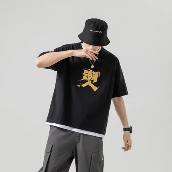 M-5XL Мужская женская летняя футболка с коротким рукавом Свободная повседневная одежда Stretwear Базовая футболка O Neck Chinese Word Print Одежда оверсайз