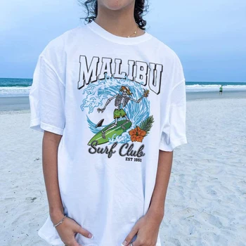 Malibu Surf Club Негабаритная футболка Ocean Beach Унисекс Хиппи Скелет Смешные футболки Vsco Summer Fashion Vacation Graphic Tops