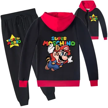 Mario Детская одежда Мультяшный принт Повседневная спортивная рубашка на молнии Куртка Брюки Костюм Детский топ и низ Толстовка с капюшоном