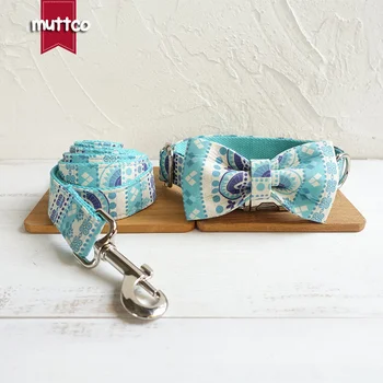 MUTTCO ручной работы с бантом высокое качество ошейник модное ожерелье THE FOLK BLUE ошейник для собак и галстук-бабочка на поводке 5 размеров УДК023