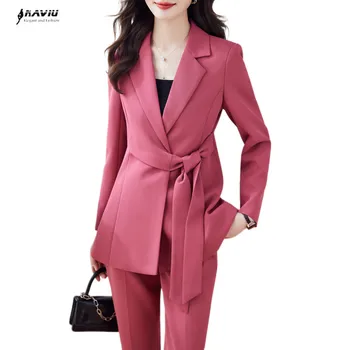 NAVIU Розовые тонкие костюмы Женщины Осень 2023 Новый профессиональный темперамент Блейзер и брюки Комплекты Офисная женская рабочая одежда Серый