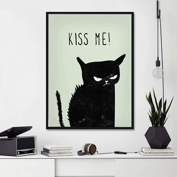 Nordic Angry Black Cats Холст Печать Живопись Поцелуй меня Плакаты Настенное искусство Животные Картины Для Гостиной Украшение Дома Без Рамки