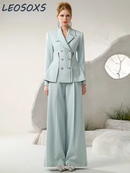 Office Lady Commuter Suit Осенне-зимний Drill Цепь Нестандартный пиджак Куртка Широкие штанины Брюки Комплект Женские брюки Комплект из 2 предметов