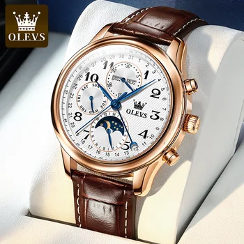 OLEVS Самые продаваемые автоматические часы для мужчин Механические часы фазы Луны Неделя Бизнес Кожаные наручные часы Роскошные часы Высокое качество