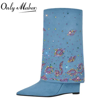Onlymaker Женщины с острым носком Синий Танкетка Высокий Каблук Складка Над FlockBoots Мода Модные Модные Сапоги Большого Размера