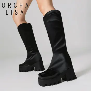 ORCHA LISA Женщины Эластичная ткань Сапоги Квадратный носок Коренастые каблуки 8 см Платформа Hill 4 см Молния Сращивание Мода Bota Большой размер 42 43