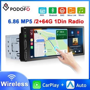 Podofo 1 din Android Авто Радио Carplay Android Auto 1Din MP5 / 2 + 64G Авто Стерео Bluetooth-плеер 6,86 '' Автомобильные интеллектуальные системы