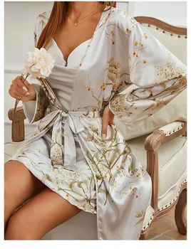 Print Twinset Халат Костюм Женская атласная ночная рубашка-кимоно Халат Комплект халата Лето Сексуальная домашняя одежда V-образным вырезом Пижамы