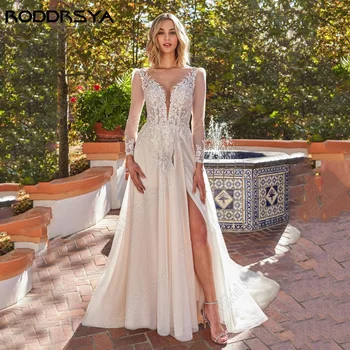 RODDRSYA Винтажное свадебное платье с длинными рукавами на 2024 год Невеста V Платья невесты с открытой спиной Кружевная аппликация A-Line Scoop vestido de noiva