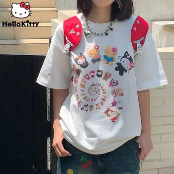 Sanrio Hello Kitty 2023 Летние футболки Трендовая одежда Женщины Корейский стиль Мода Футболки с коротким рукавом Y2k Мультяшный принт Свободные топы