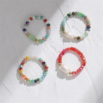 Summer Bohemia Crystal Бисерные кольца для женщин Красочные жемчужные опаловые бусины Кольцо на палец Минималистичные сложенные корейские модные ювелирные изделия