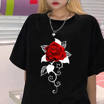 Summer Simple Rose 3D Графическая печать Женские футболки Harajuku Fashion High Street Casual Loose O-образным вырезом Топы с коротким рукавом Футболки