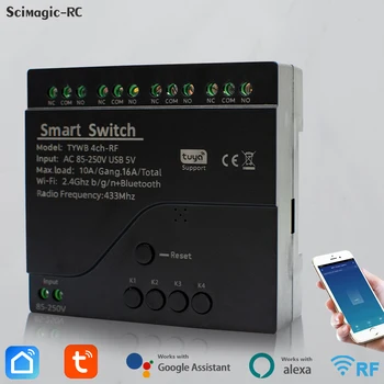 Tuya Smart Switch WiFi RF AC 110 В 220 В 85-250 В 4-канальный релейный приемник для гаражного управления / модуля синхронизации света Работа с Alexa/Google