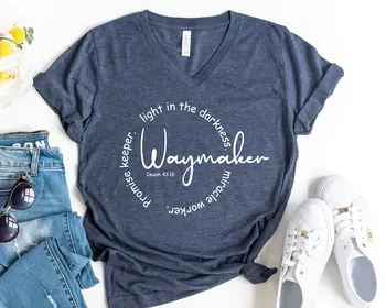 Waymaker Рубашка с V-образным вырезом, вдохновляющий подарок Библейский стих Церковная футболка, Faith Short Sleeve Top Tees Fashion 100% cctton Streetwear