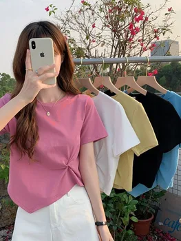 Y2K Нерегулярная футболка Женская летняя тощая футболка Femme Solid с коротким рукавом Корейская Kpop тонкая футболка с о-образным вырезом Женская одежда Топ