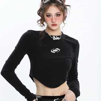 Y2k Укороченные топы с длинным рукавом Harajuku Streetwear Тонкая женская футболка Сексуальные футболки в корейском стиле Винтажные футболки Женская одежда 2023