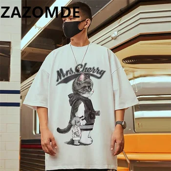 ZAZOMDE Мужские футболки Хип-хоп Уличная одежда Футболка с кошачьим принтом Harajuku Модные топы с коротким рукавом O-образным вырезом Летние повседневные свободные футболки