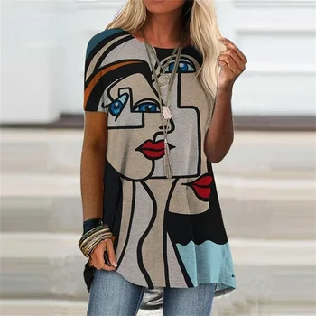 Абстрактный Лицо Графический 3D Принт О-образный вырез Футболка Уличная одежда Женская мода Повседневные футболки Футболки Y2K Женская толстовка оверсайз
