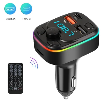 Авто Bluetooth 5.0 FM Передатчик Type-C Двойной USB 3.4A Быстрое зарядное устройство Светодиодная подсветка атмосферы Свет MP3 Плеер MP3 Музыка без потерь