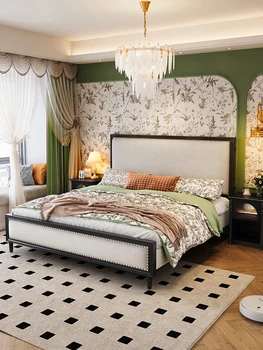 американская кровать из массива дерева, современная минималистичная французская кровать в стиле ретро 1.8 с мягкой спинкой